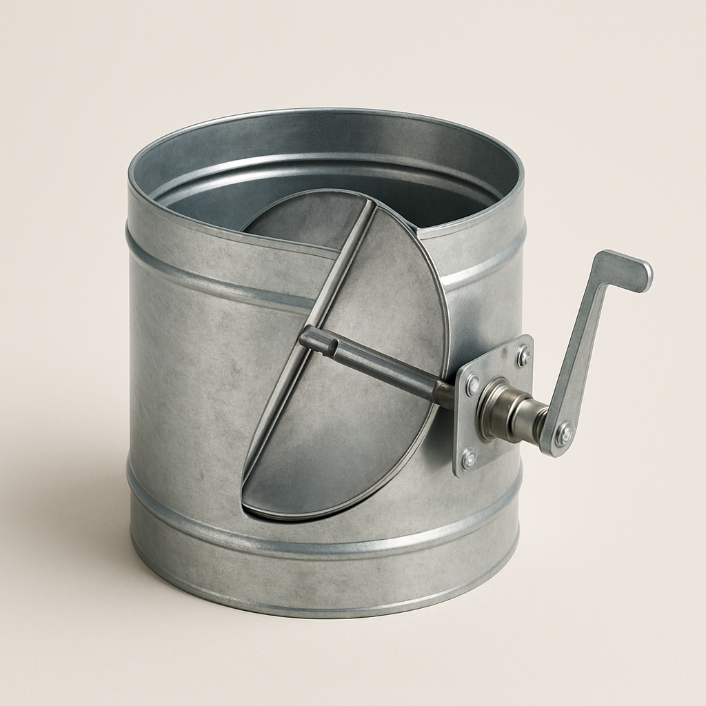 top view of a compact metal damper with an exterior lever and split blade inside the opening