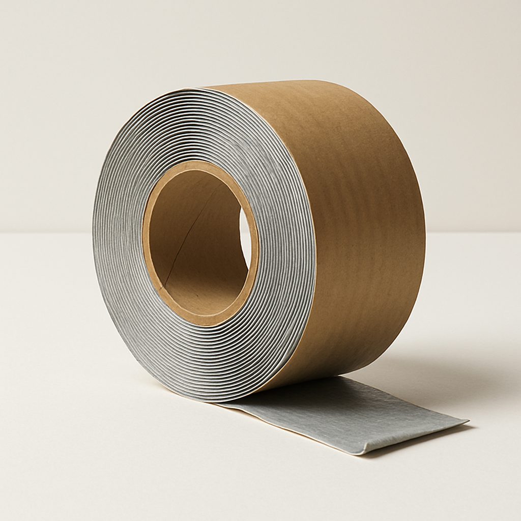close view of tacky dark sealing strip pressed lightly onto a metal panel