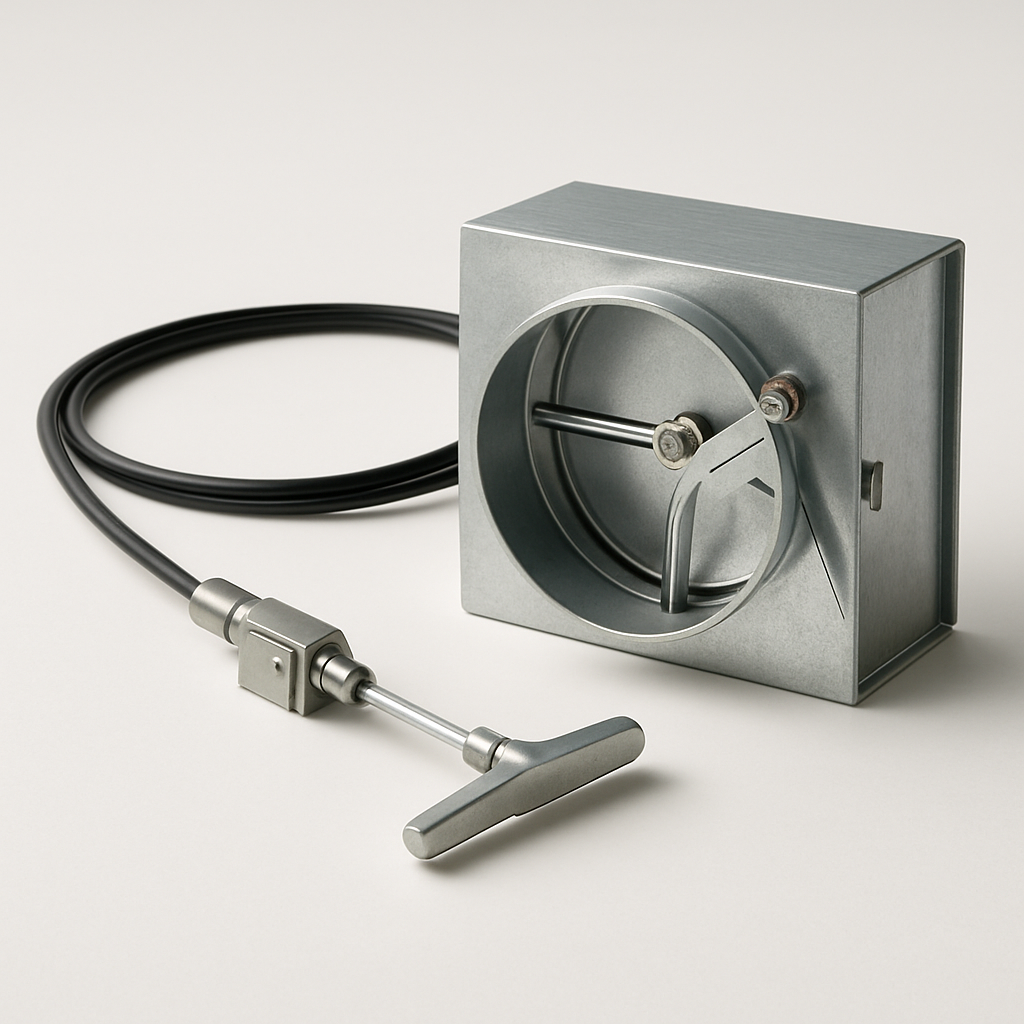 metal duct damper with a flexible cable control routed from the side to a small pull bracket