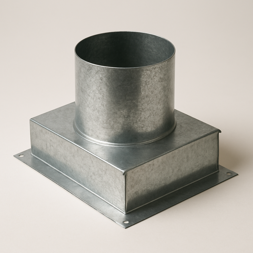 overhead duct boot shown from the side with rectangular base and curved metal neck