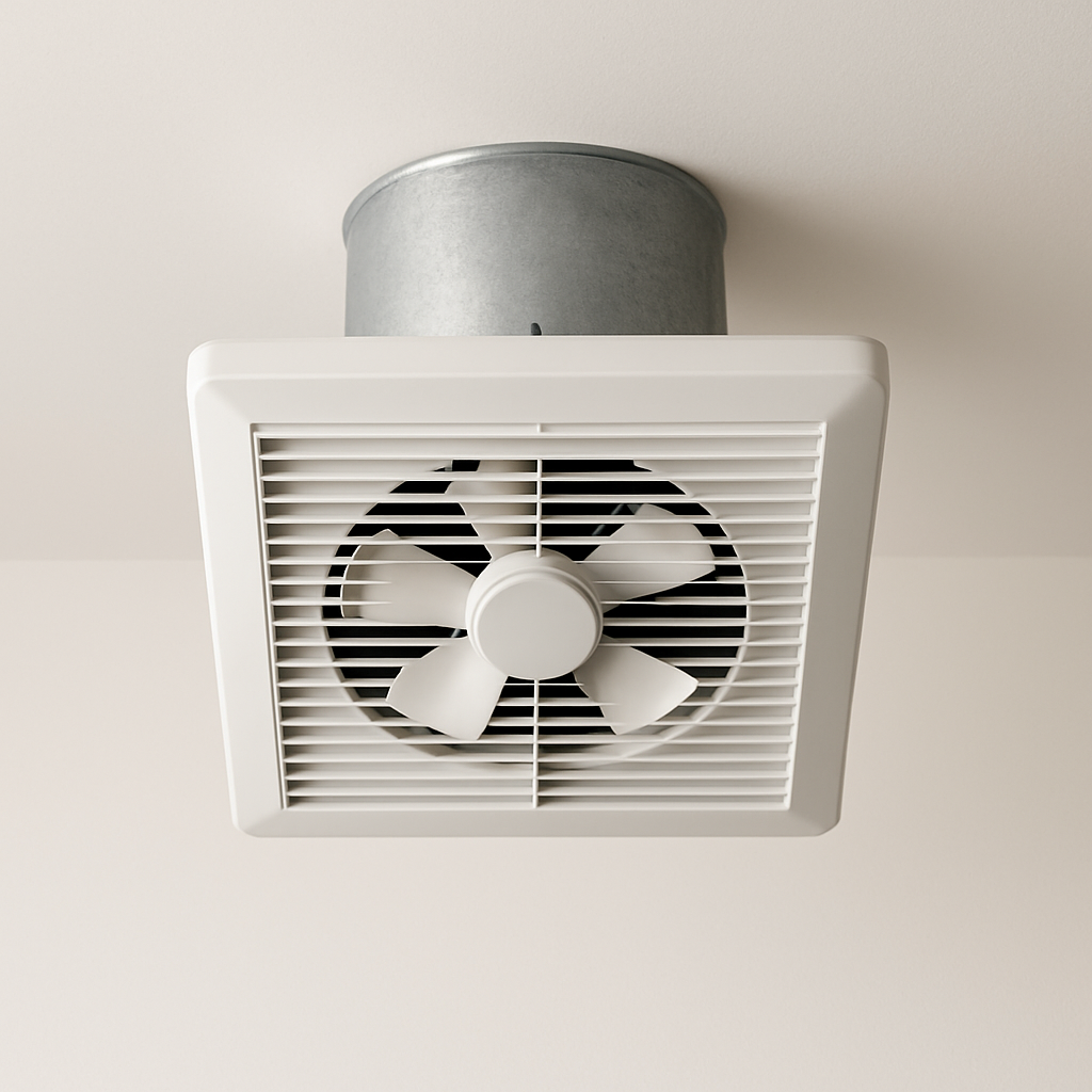 underside view of a ceiling fan cover with neat plastic louvers and smooth outer frame