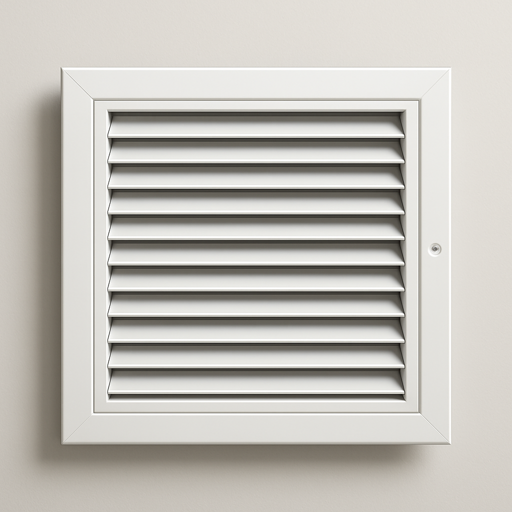 white overhead vent grille with fixed blades set into a ceiling panel