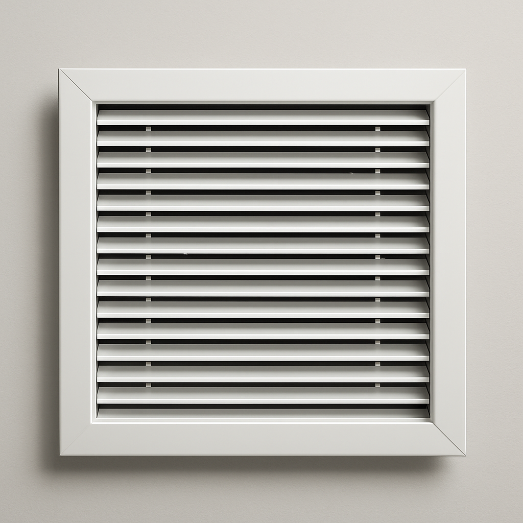 ceiling mounted metal cover viewed from below with a clean square frame