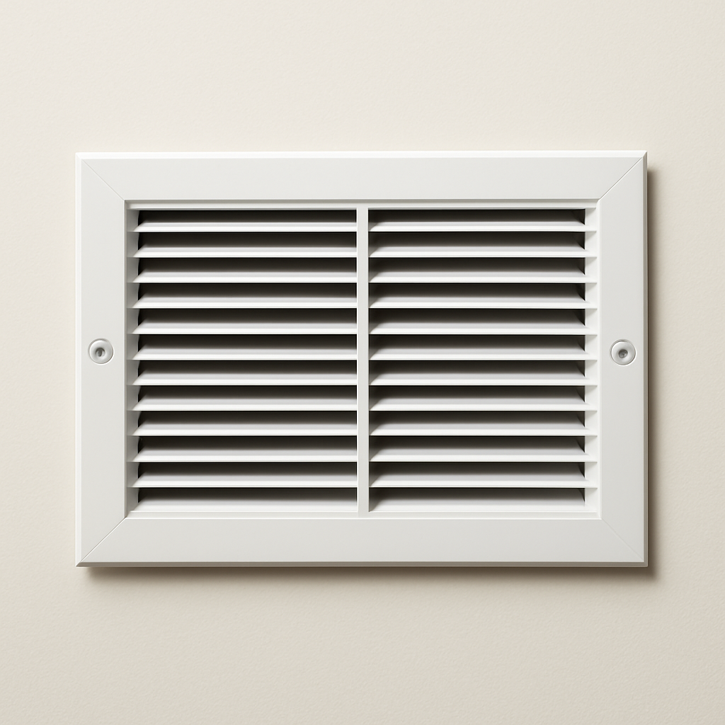 white overhead air vent with angled louvers set into a smooth ceiling panel