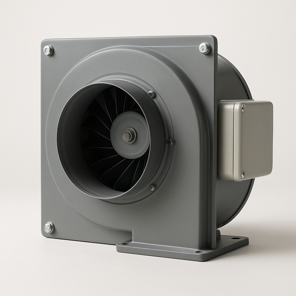 centrifugal duct fan with curved blower housing and rectangular outlet on a work surface