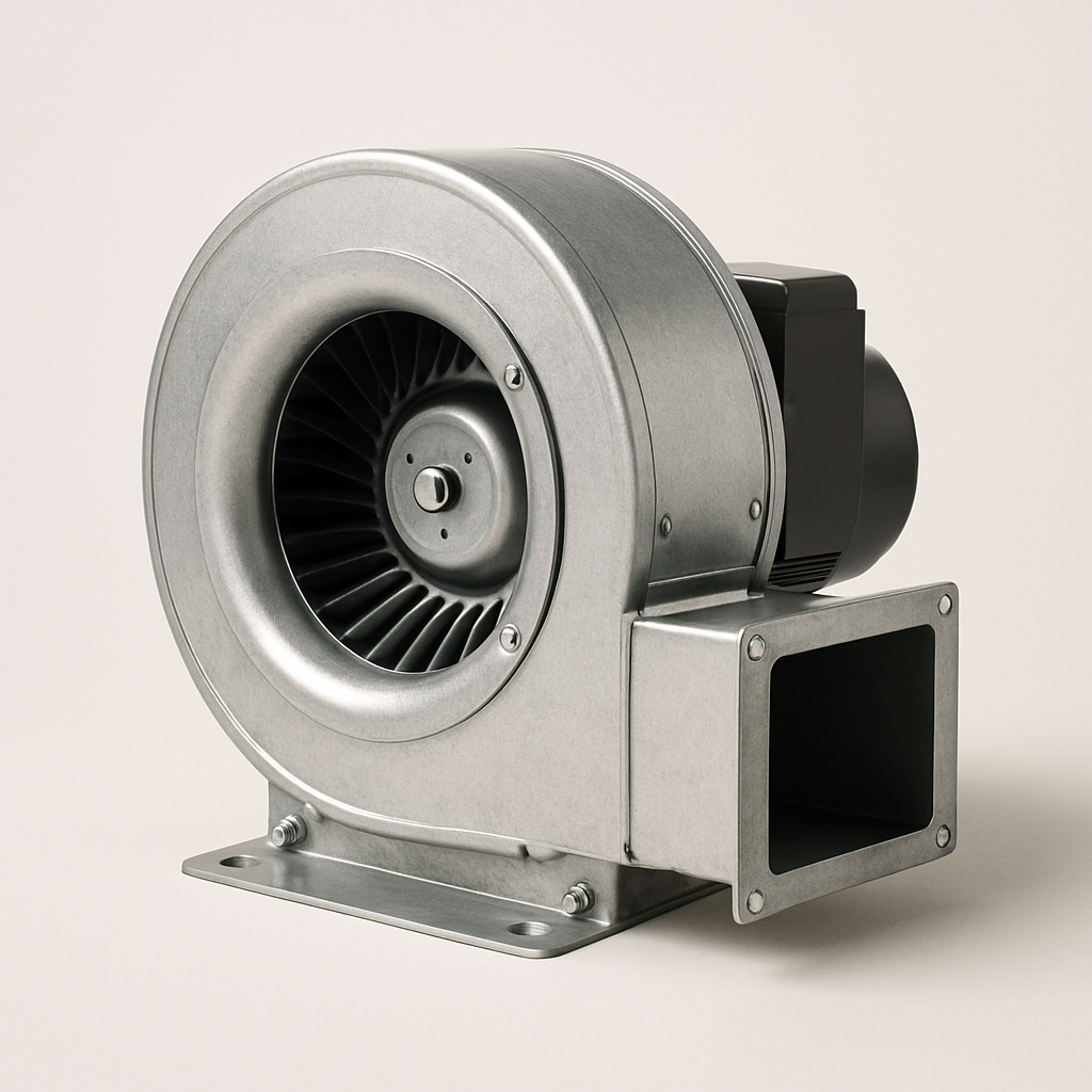 open service view of a pressure rated fan showing enclosed wheel and sturdy metal casing