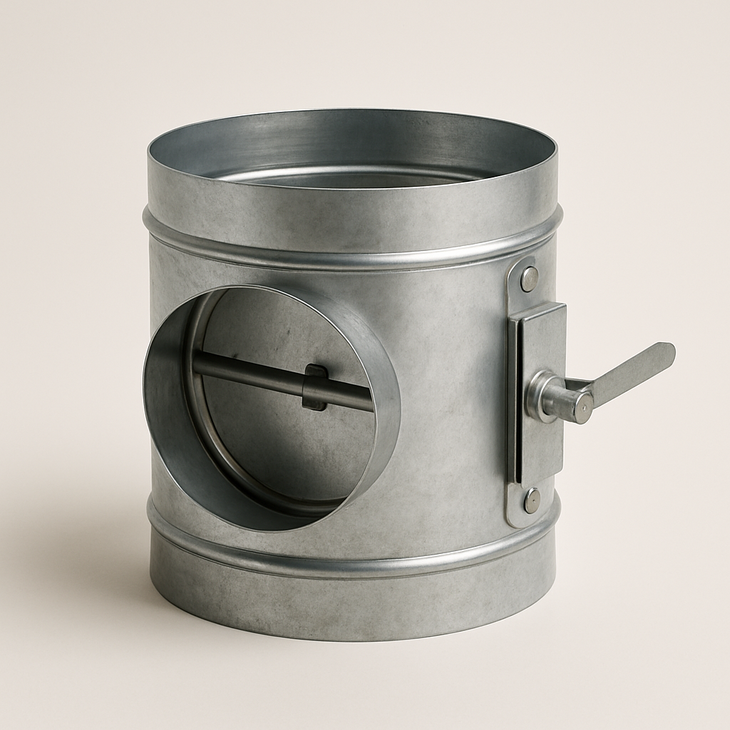 close-up of a silver duct collar showing crimped edges and a central balancing plate