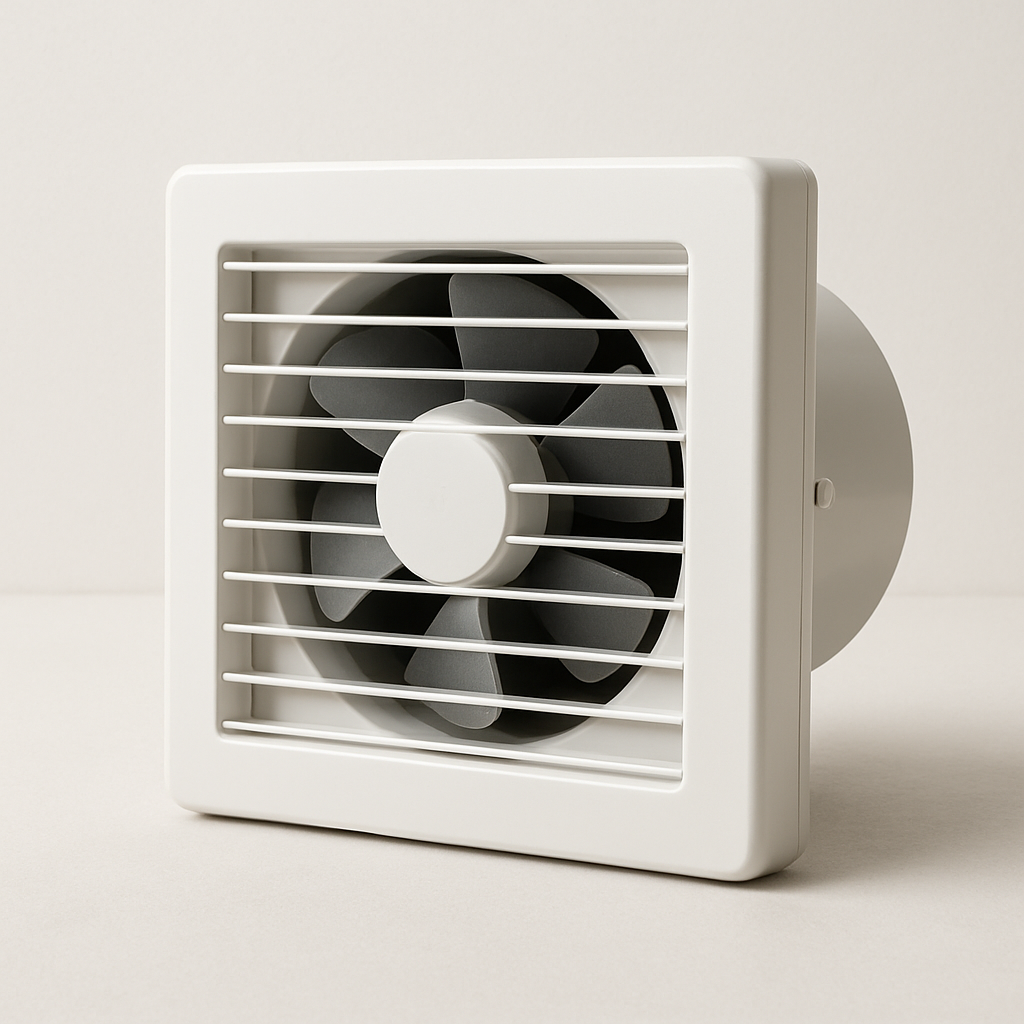 small low profile exhaust vent with white square faceplate on a light grey background