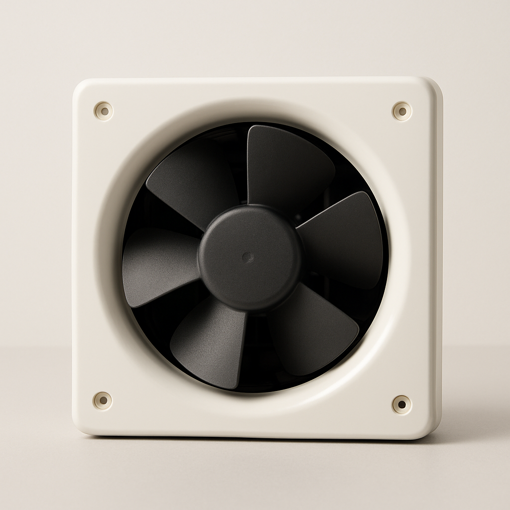 close angled shot of a compact ceiling fan grille with shallow frame and tight slats
