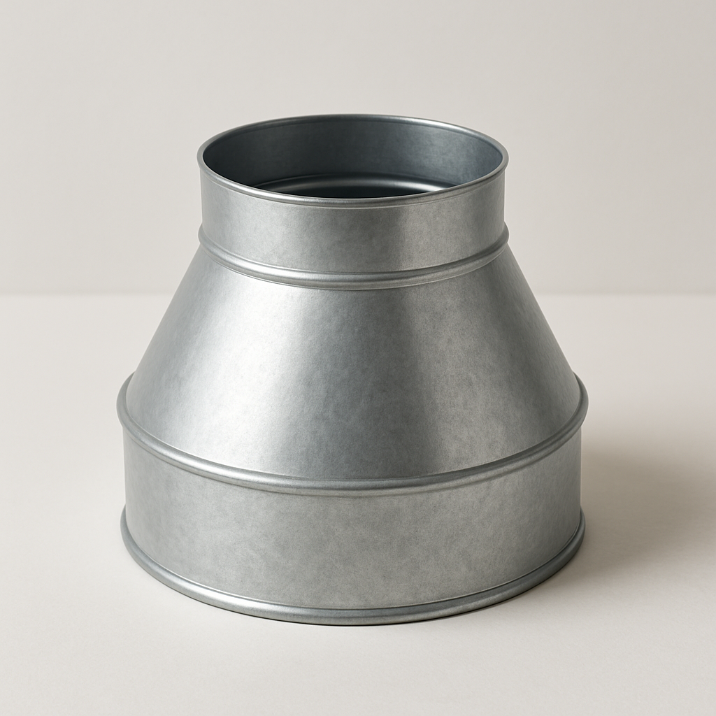 galvanized round transition fitting viewed from above with aligned circular openings