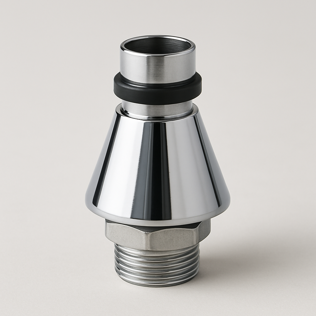 conical galvanized branch tap with flanged base shown on a clean tabletop