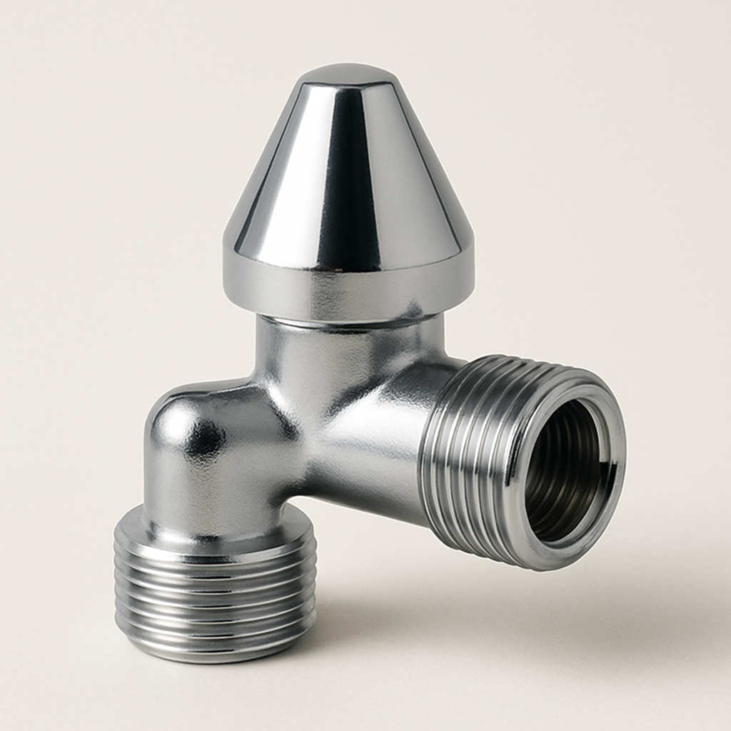 tapered metal takeoff fitting viewed diagonally with round outlet and flat mounting rim