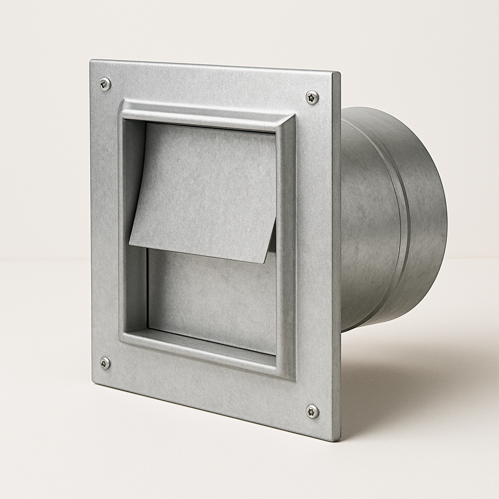 exhaust cover with hinged damper flap partly open inside a square metal frame