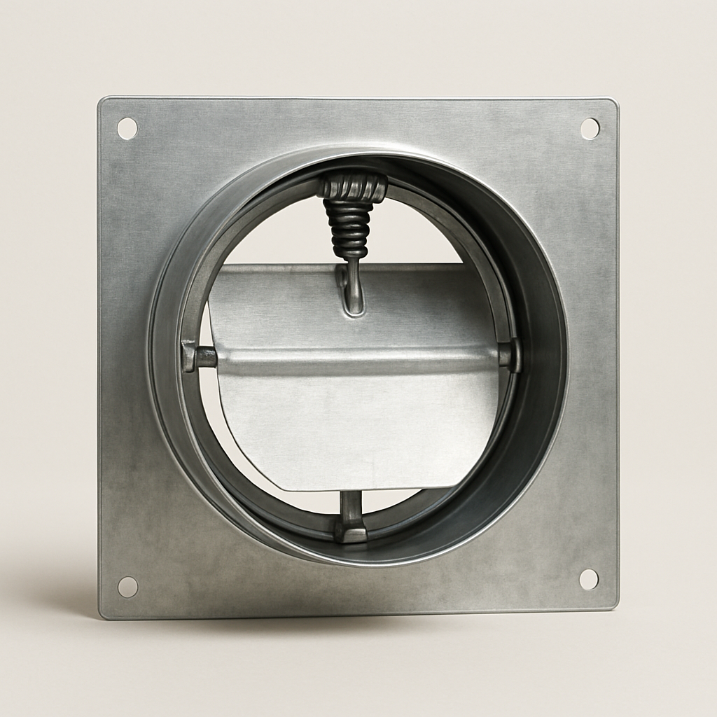 rear view of vent assembly showing black backdraft door and round duct neck