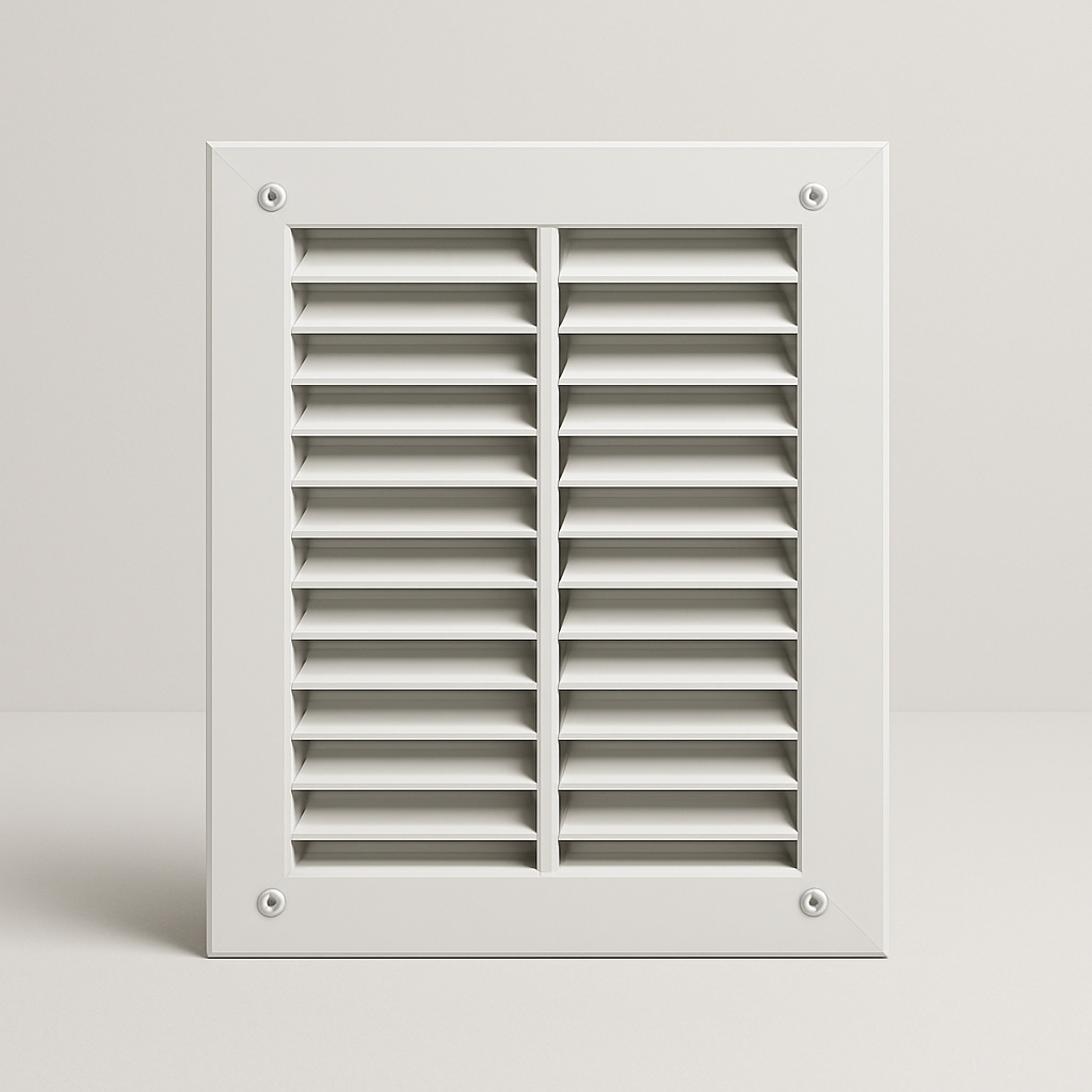 louvered steel grille installed low in a plain interior door