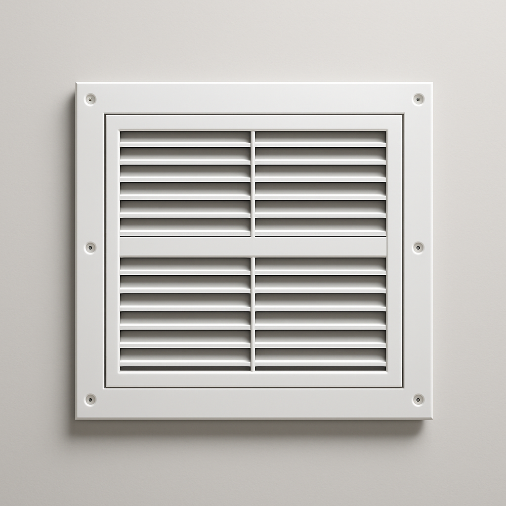 close-up of white door vent slats within a rectangular metal frame