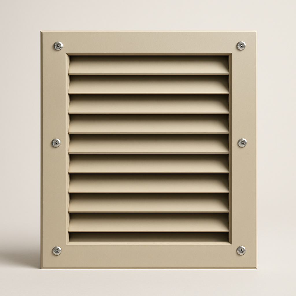 small interior door vent with narrow horizontal slats and a trim frame on a flat panel