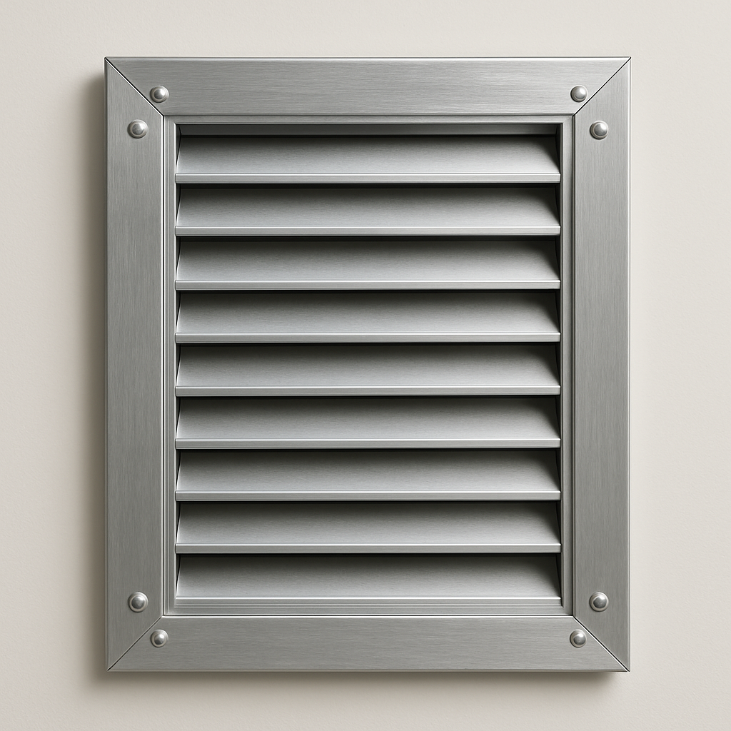 close view of a white transfer grille mounted flush in a utility door surface