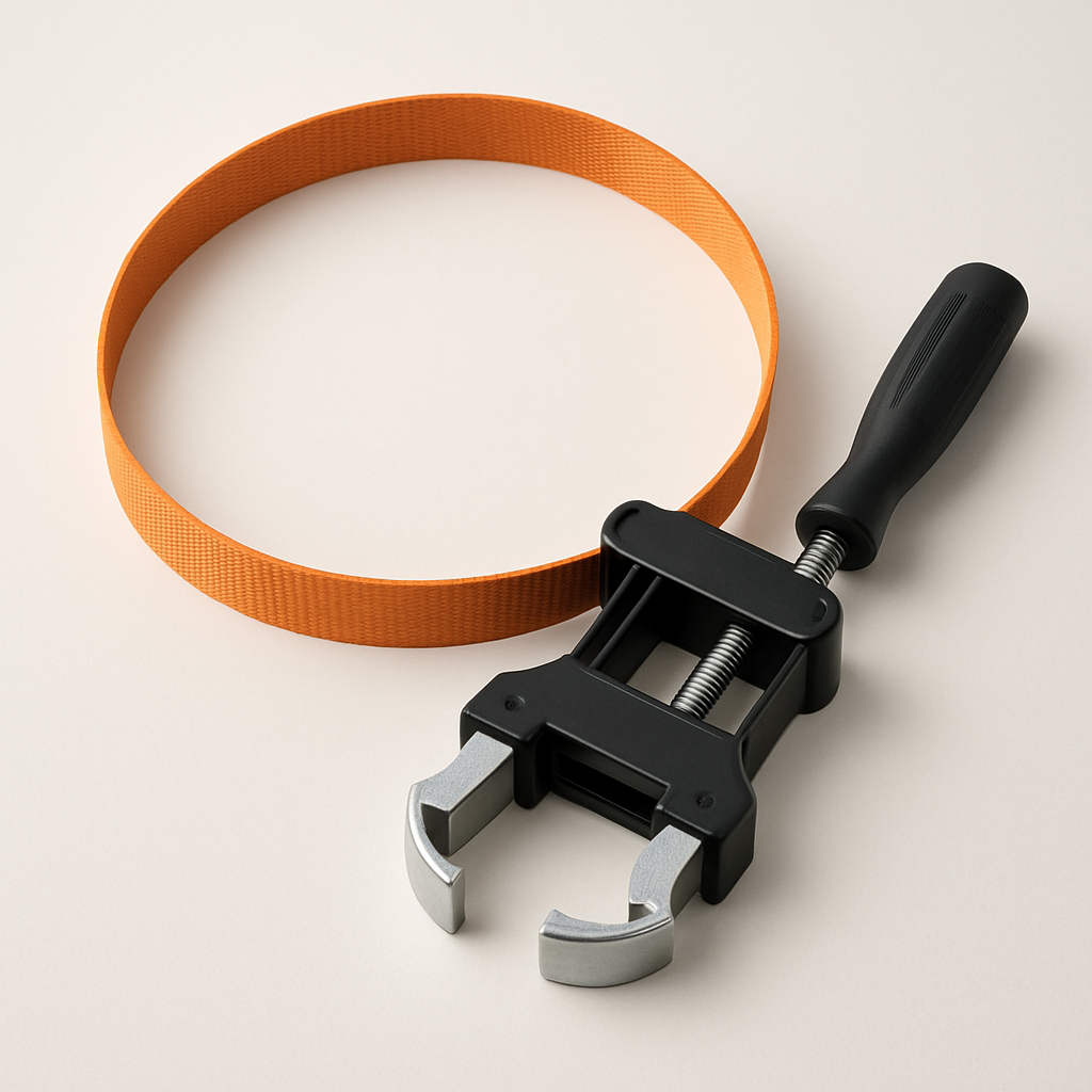 wide metal band clamp opened in a circle on a dark tabletop