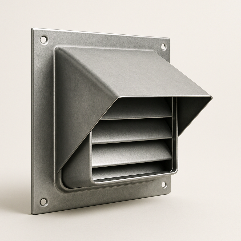 white hooded exterior exhaust cover with square mounting flange on a painted wall