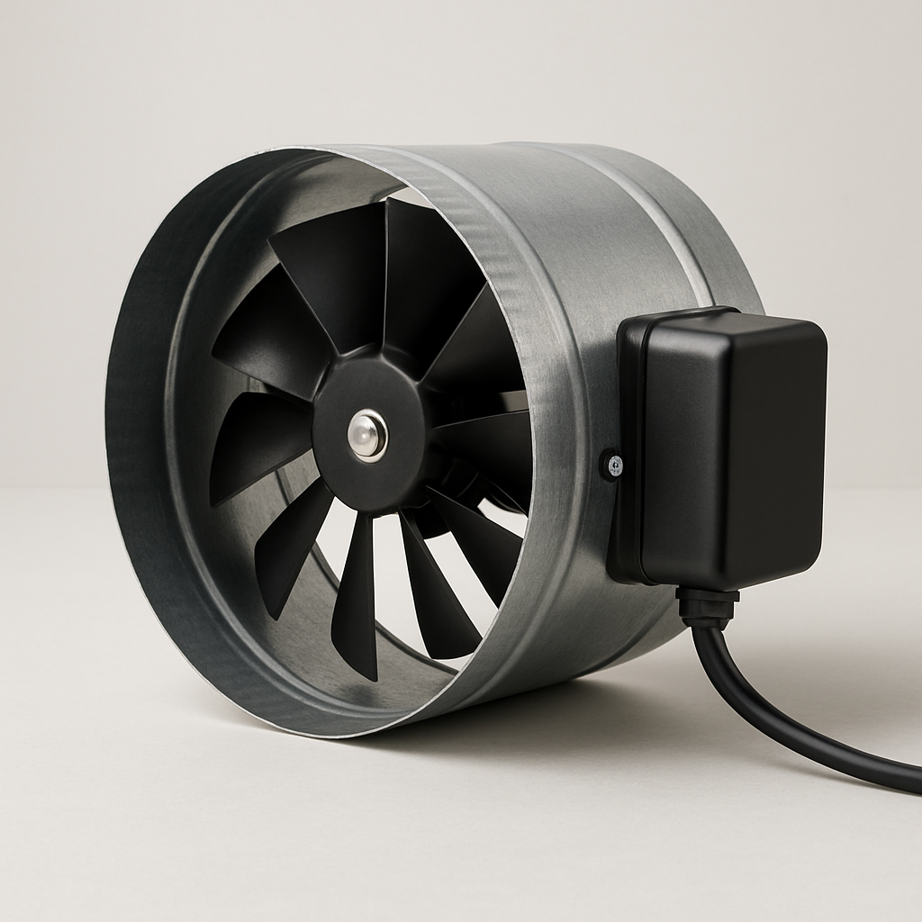 compact round duct booster fan with silver metal sleeve shown on a white background