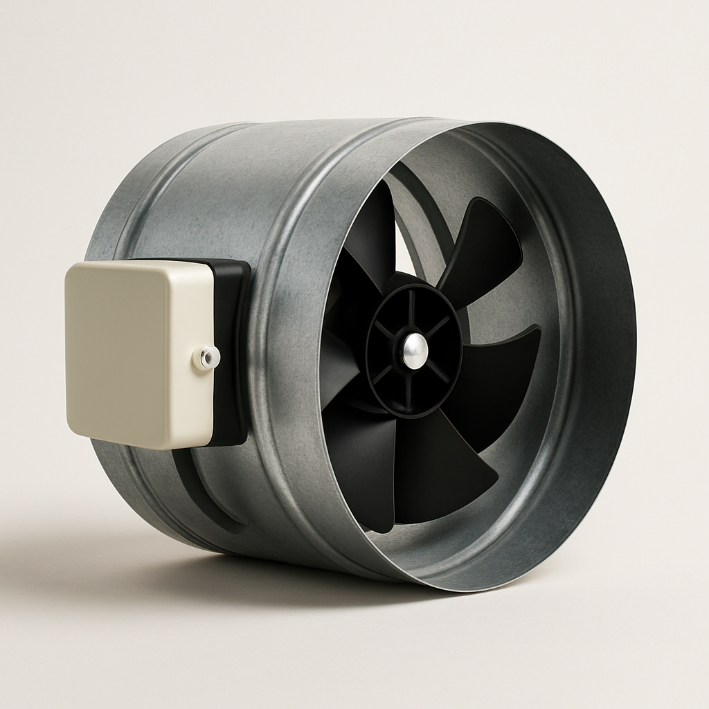 end view into a small inline fan showing curved blades inside a circular duct body