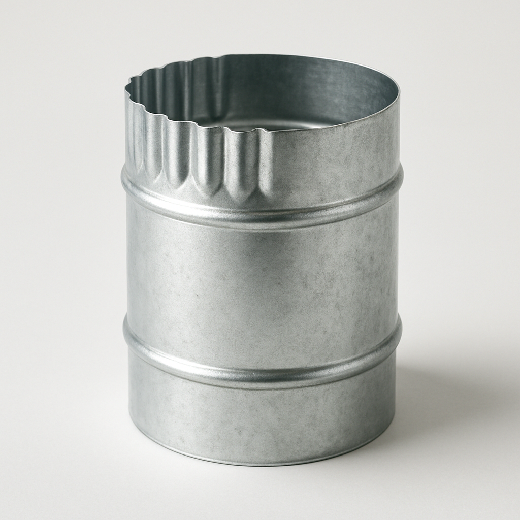 short galvanized connector sleeve with crimped end placed horizontally on a bench