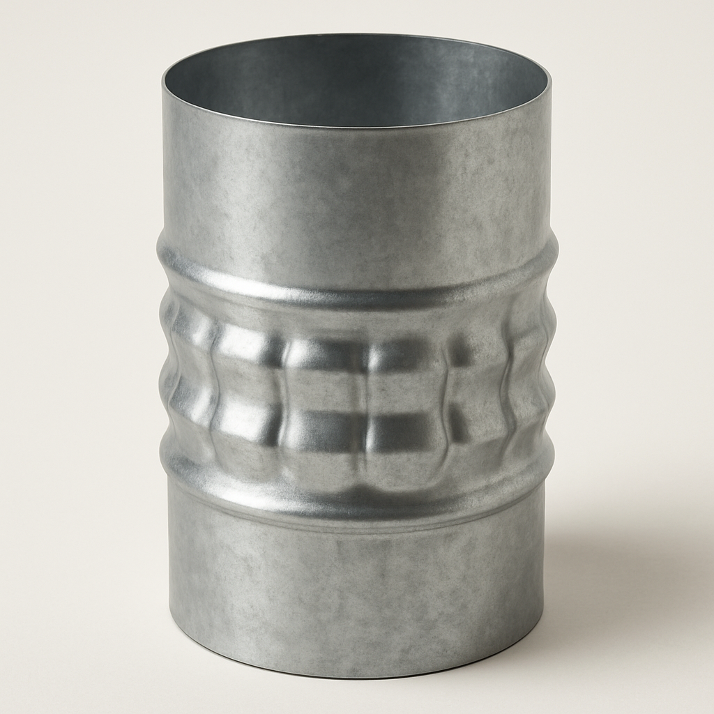 close view of a round metal coupling showing ridged crimp marks along one edge