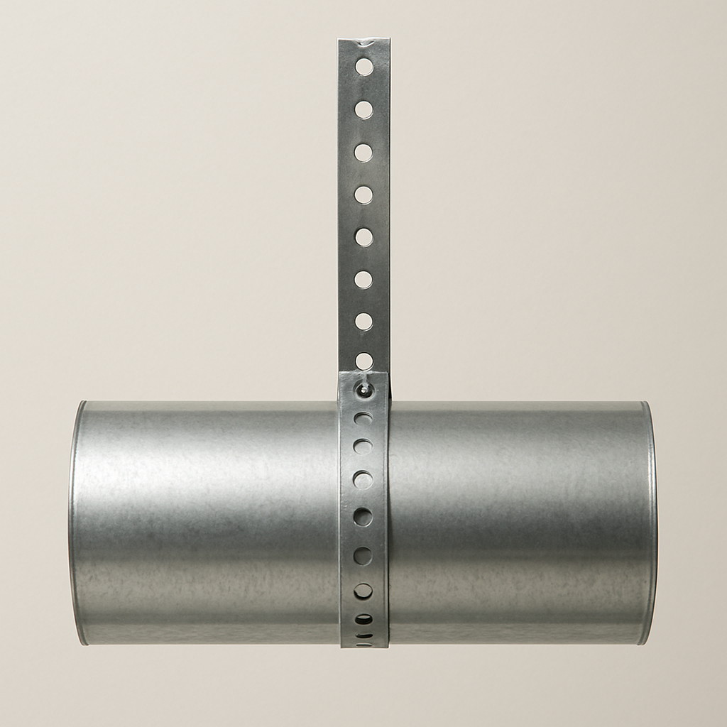 coiled galvanized support strip with evenly spaced holes on a plain workbench