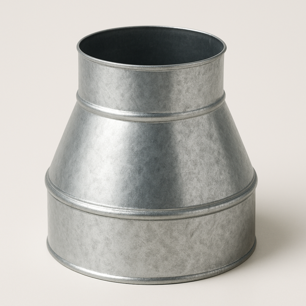 flared galvanized transition fitting shown upright with the narrow end at the base