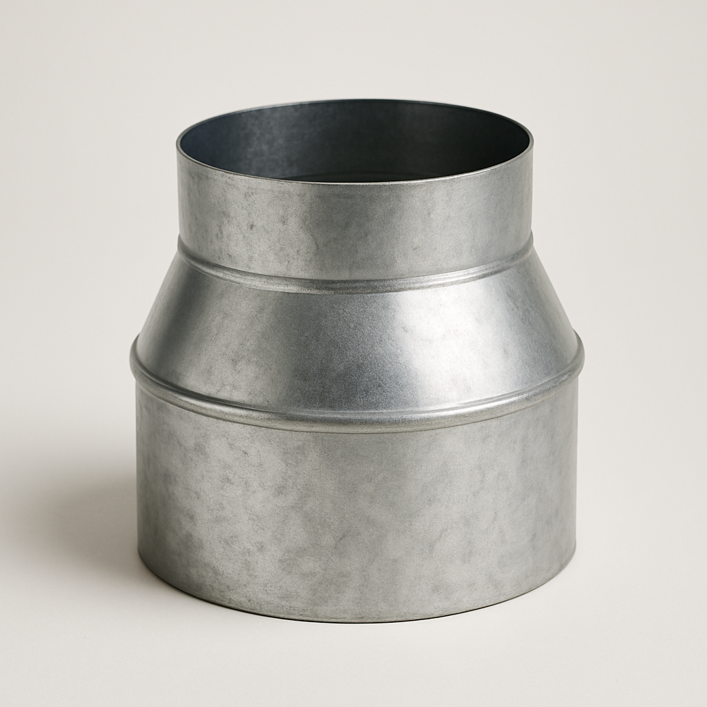 silver metal increaser viewed diagonally, highlighting the expanding cone shape