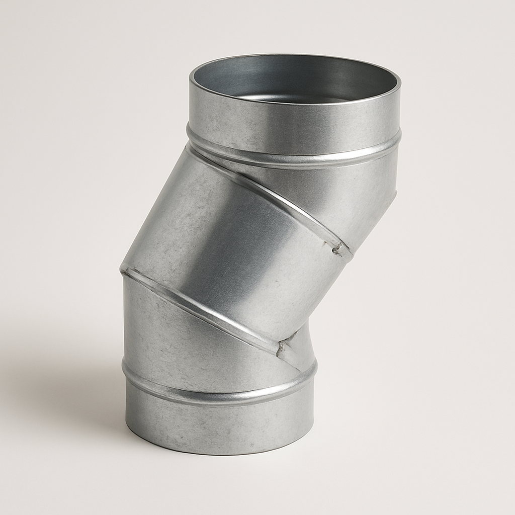 angled galvanized offset duct fitting laid flat with two shifted round openings