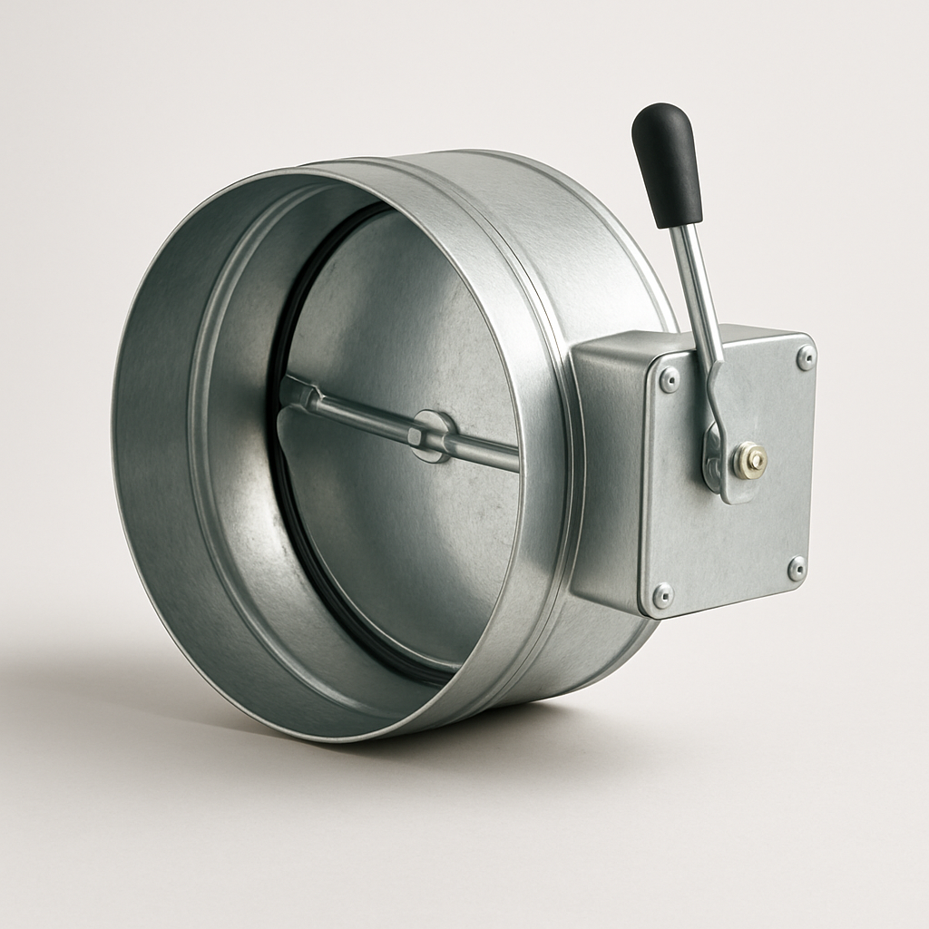 close-up of a sturdy manual handle and shaft controlling a silver isolation damper