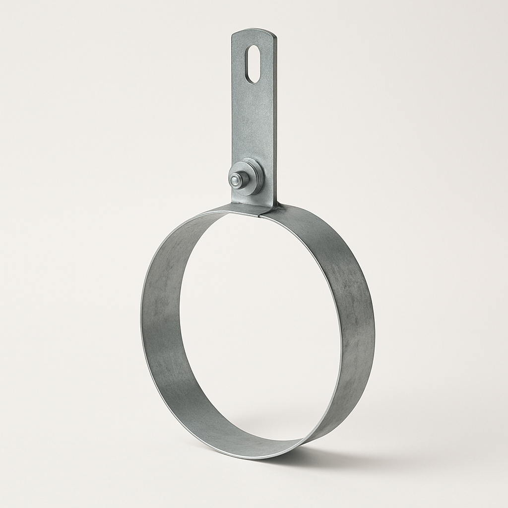 perforated steel hanger strip looped under a round duct section
