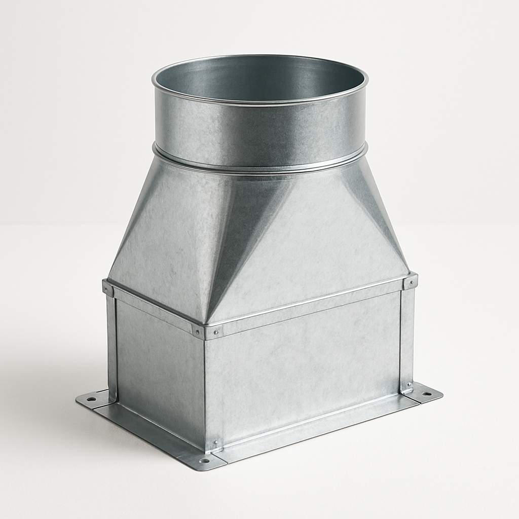 tapered rectangular galvanized transition fitting displayed on a white background