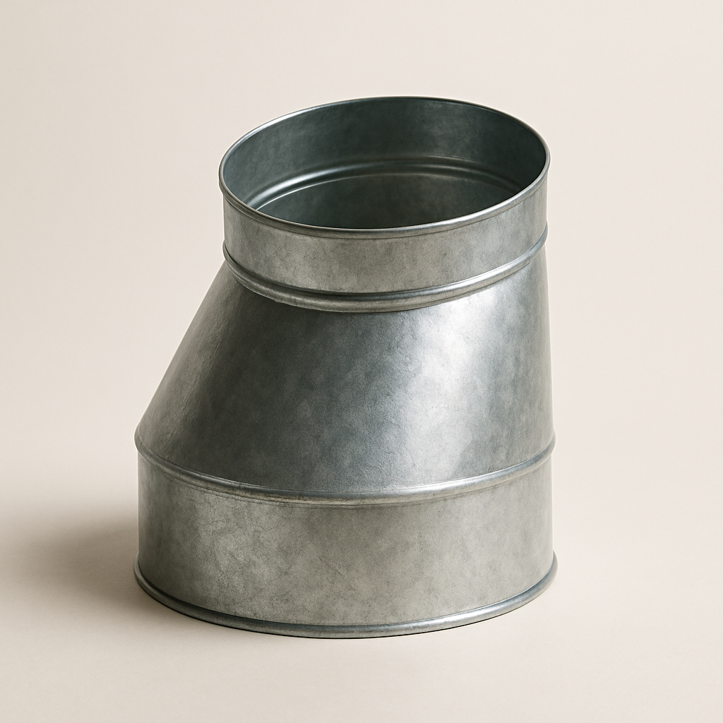 offset galvanized reducer lying on its side with the smaller opening shifted low