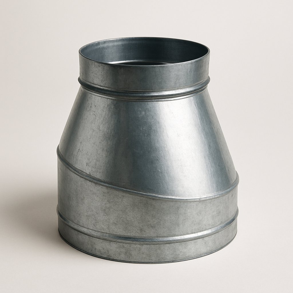 asymmetrical metal transition fitting shown from the front with uneven taper visible