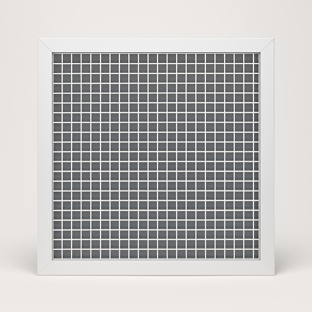 square white metal grille with an open eggcrate grid face