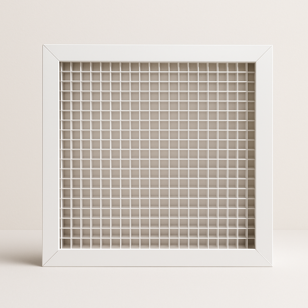 close-up of small square airflow openings in a rigid metal frame