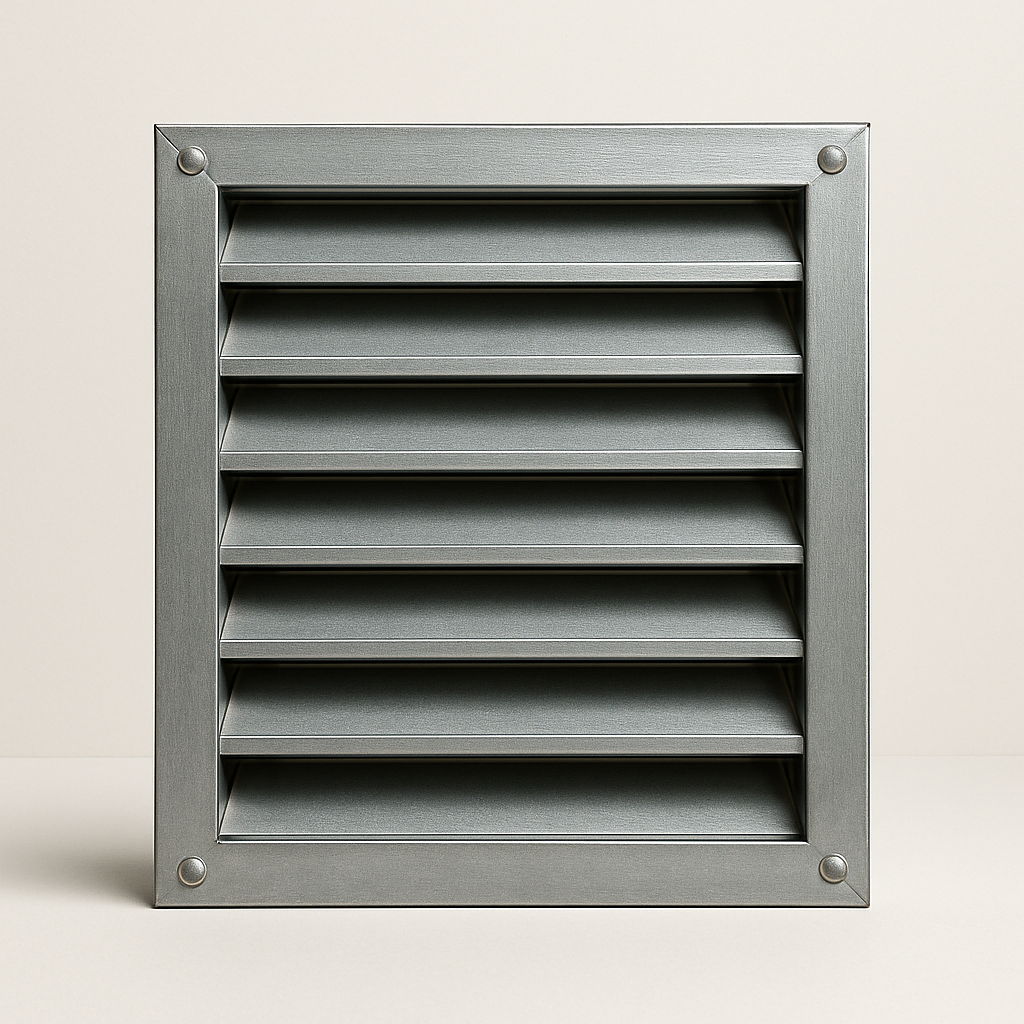 durable gray vent panel with broad angled slats for a mechanical space wall opening