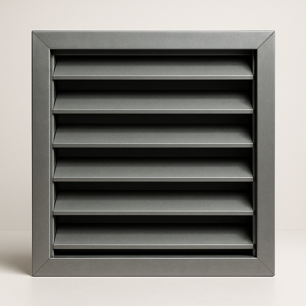 close-up of thick metal blades and recessed dark screen inside a rectangular frame