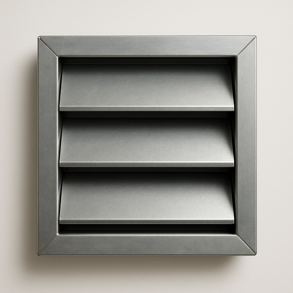 rectangular exhaust vent with gray horizontal blades and a smooth metal frame