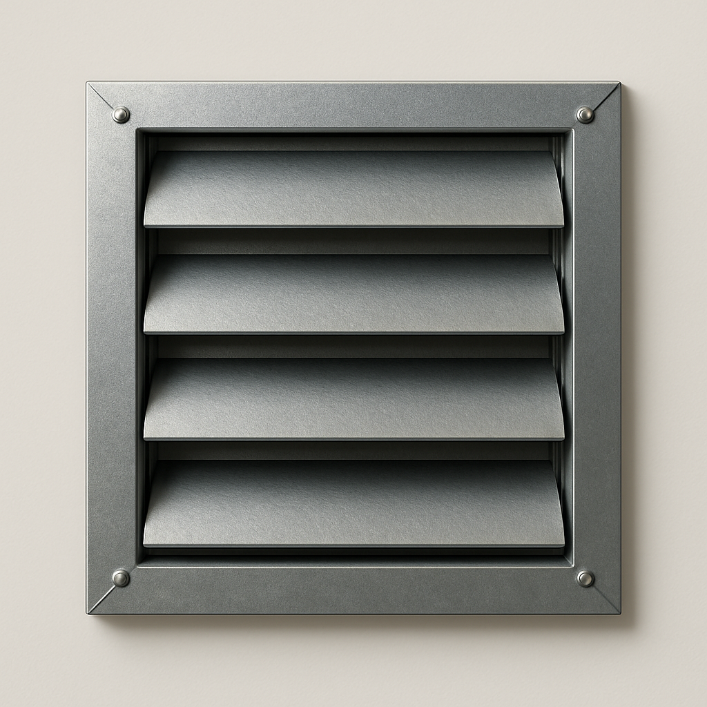 angled view of a wall discharge opening showing slats projecting outward from the frame