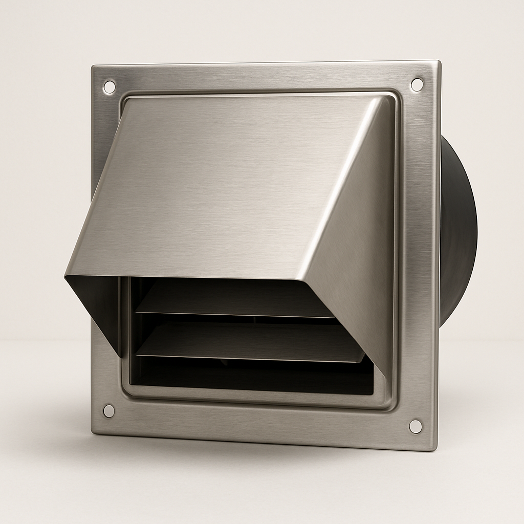 rectangular exterior exhaust cover with dark backdraft flap under a shallow hood