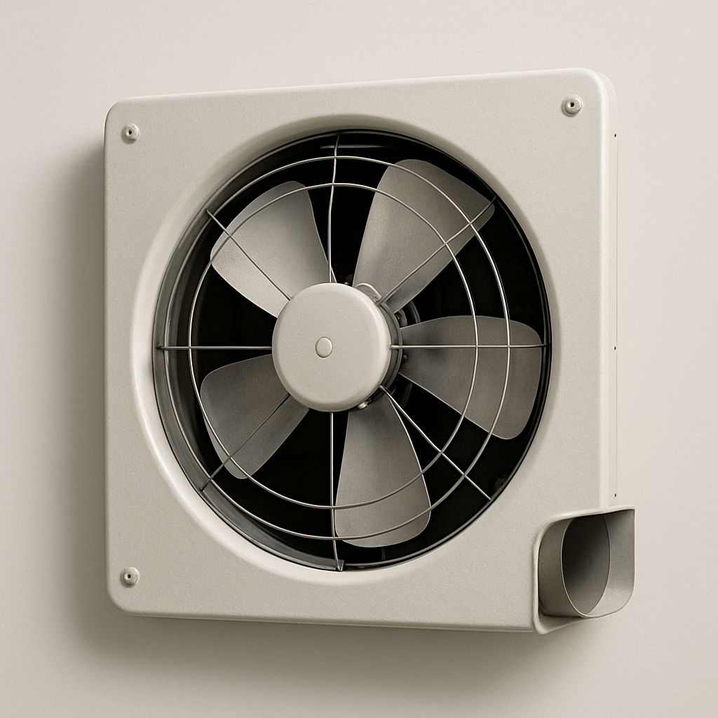 outdoor mounted exhaust fan in grey weatherproof housing with round duct connection