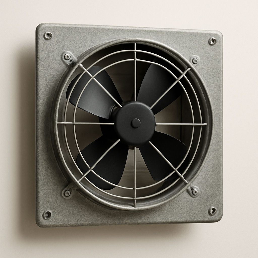 angled view of an exterior remote fan with protective cover, mounting plate, and side vent slots