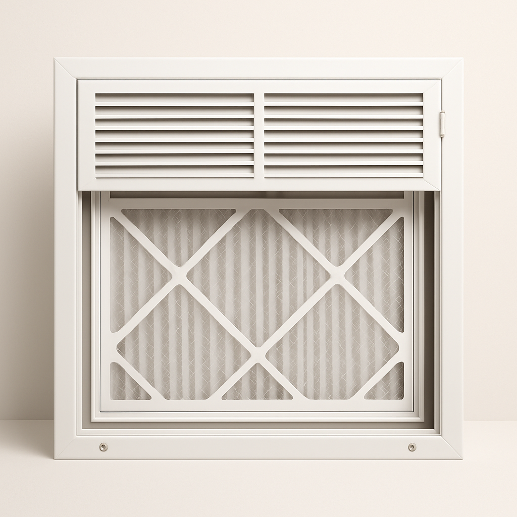 white hinged metal grille opened to show the recessed filter access area