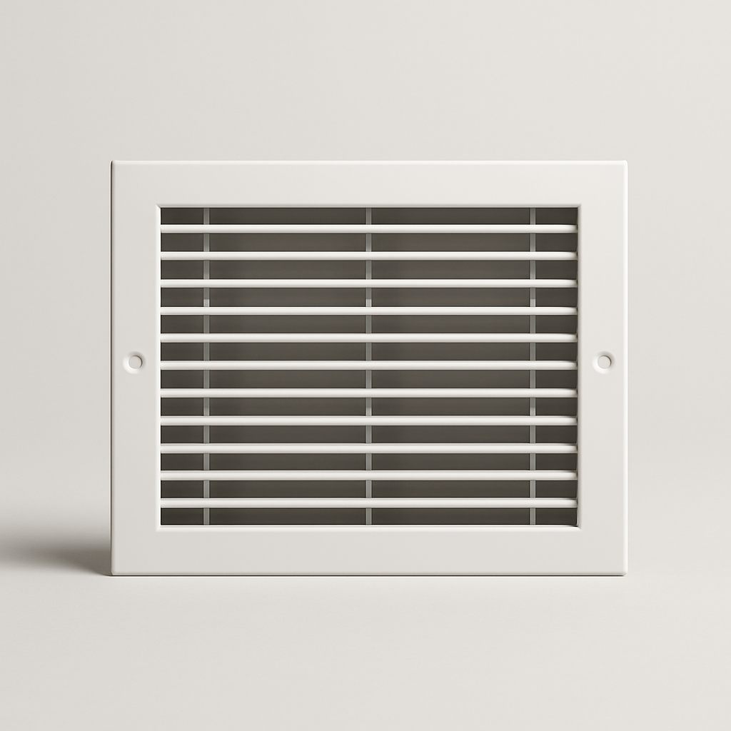linear metal grille with fixed parallel bars in a white frame
