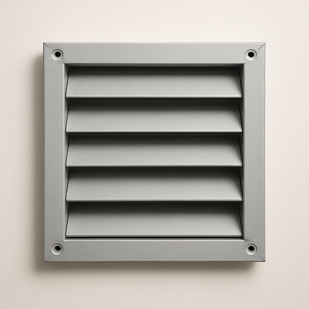 front view of a gray metal wall vent with angled fixed slats and a square mounting frame