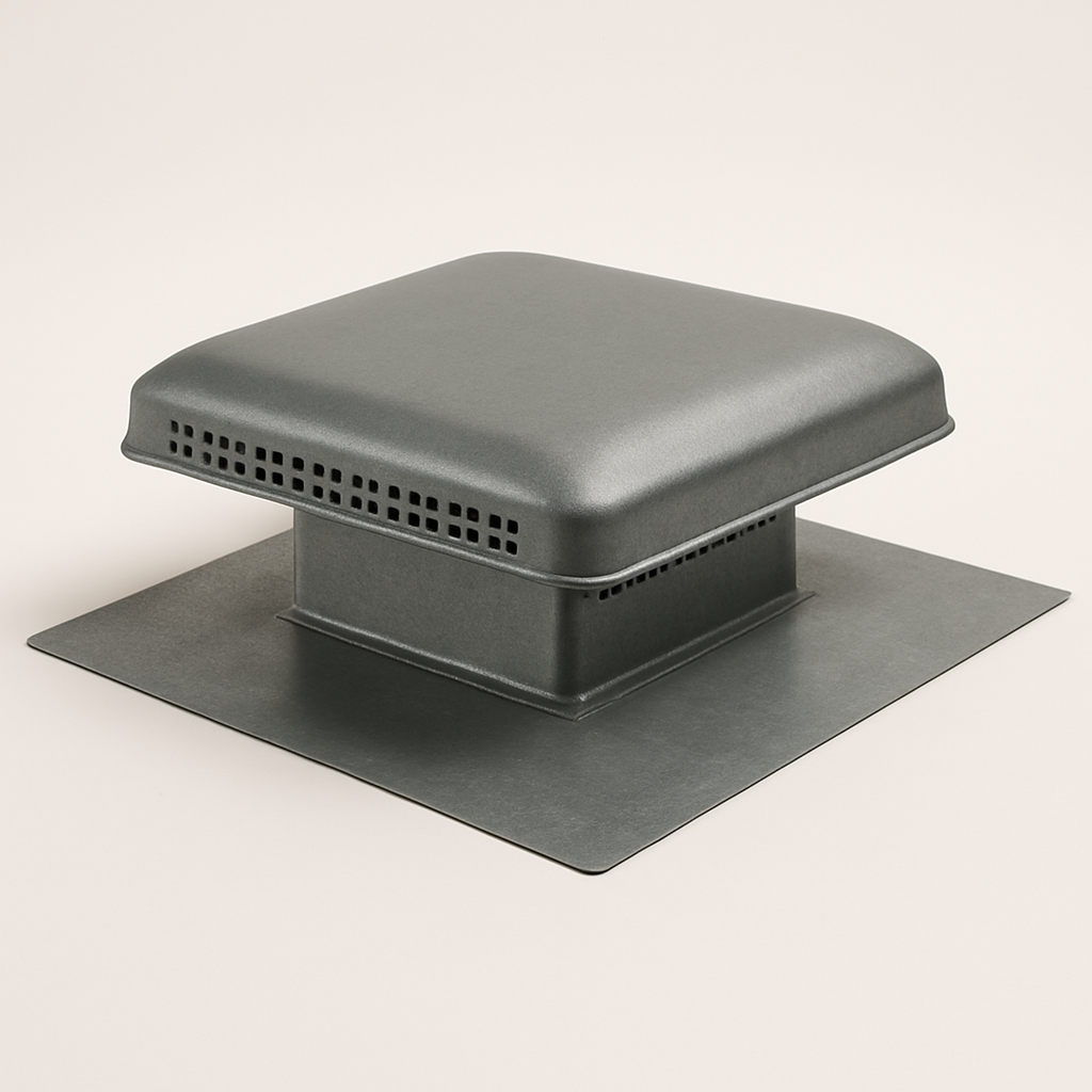 boxy metal ventilation hood with a wide flat flange shown on a light studio floor
